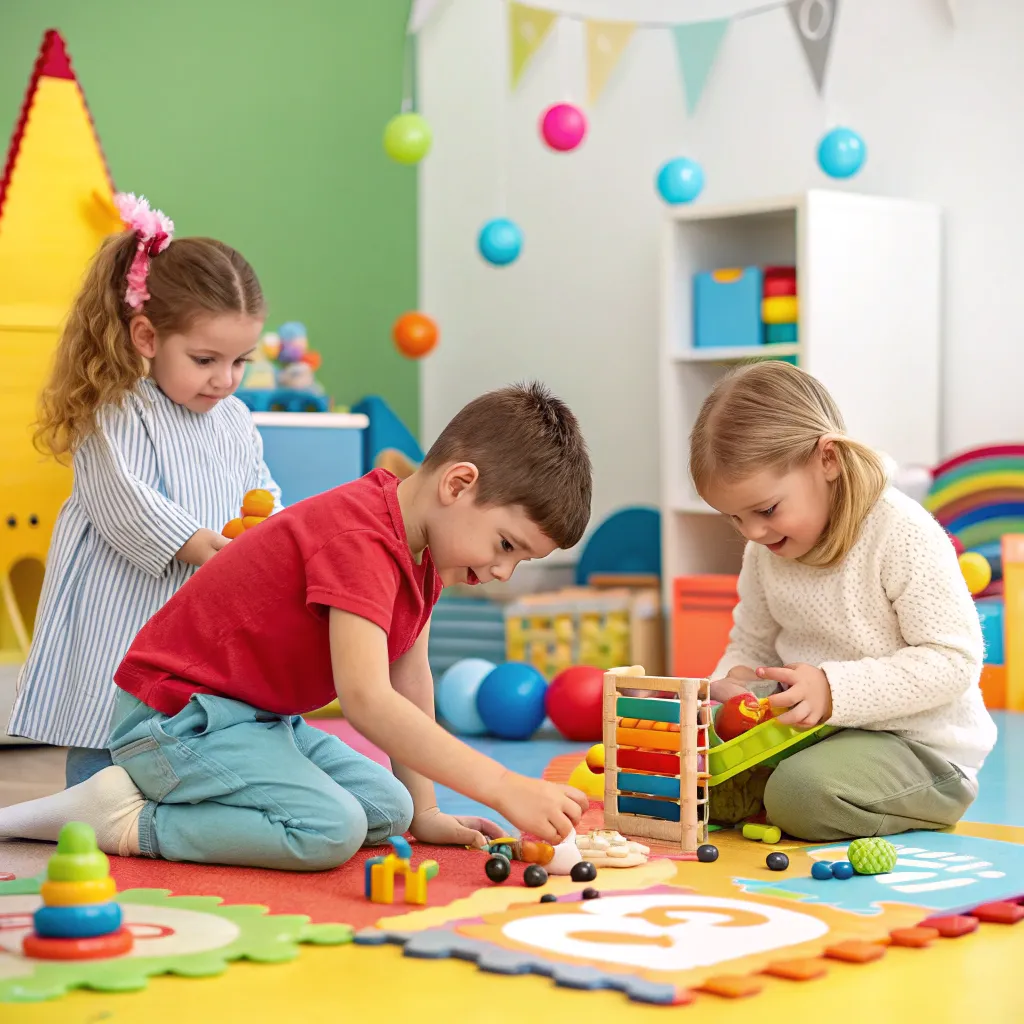 Kids playing with educational toys in a colorful room